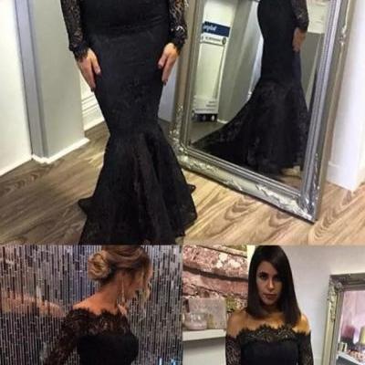 Black Mermaid Off Shoulder Long Sleeves Lace Sexy Prom Dress