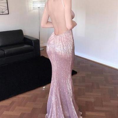 Mermaid Deep V-neck Backless Blush Sweep Train Sequined Prom Dress