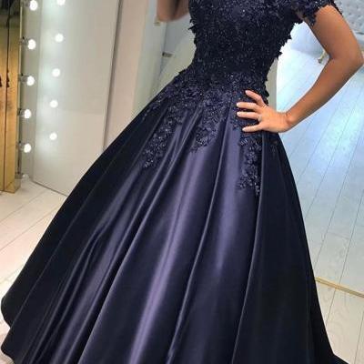 Lace Flower Off the Shoulder Satin Prom Dresses Ball Gowns A-Line Sweep Train Navy Blue Prom Dress with Appliques Beading