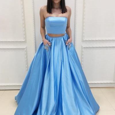 Two Piece Blue Long Prom Dress with Pockets