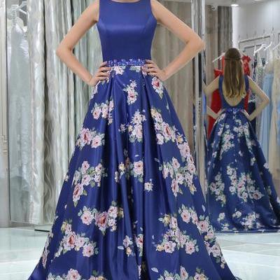 Elegant Royal Blue Long Floral Backless Prom Dress