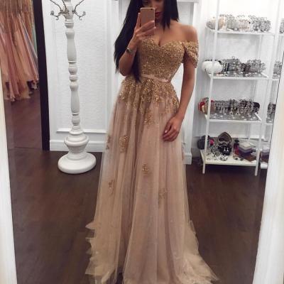 Champagne Color Prom Dresses Sexy Beading Prom Gown Prom Dress with cap Sleeve