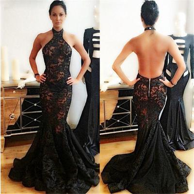  Black prom dress,mermaid long prom dress,high neck backless prom gown, lace evening gowns