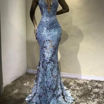 Unique Halter Top See Through Lace Prom Dress Mermaid Evening Gowns