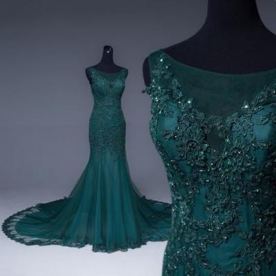 Emerald Green Tulle Mermaid Prom Dresses Lace Appliques Formal Dress