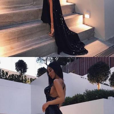 Black Mermaid with Open Back Sexy Prom Dress Evening Gown