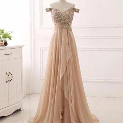 Champagne Beaded Embellished Off-The-Shoulder Sweetheart Floor Length Chiffon A-Line Prom Dress, Formal Dress