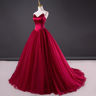 Burgundy tulle strapless sweetheart neckline long evening dress, long tulle prom dress 