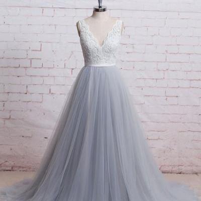 A-line prom dresses,V-neck Floor Length Tulle Evening Dress Prom Dresses