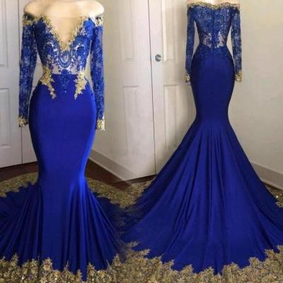 2018 New Royal Blue Long Sleeve Mermaid Prom Dresses Off the Shoulder Lace Appliques Court Train Party Dress Gowns