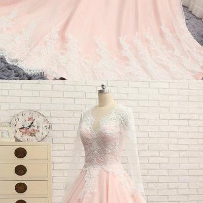 Quinceanera Dress,Sweet Dresses,Blush pink chiffon long lace A-line senior prom dress with sleeves