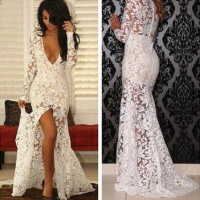 Deep V-Neck Long Sleeve See Through White Lace Front Slit Sexy Prom Dresses 10030