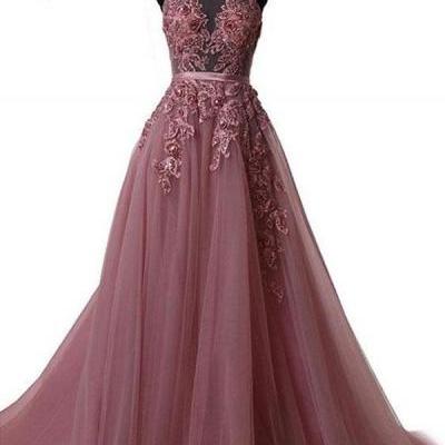 Lace Appliqués Mesh Halter Floor Length Tulle A-Line Formal Dress Featuring Lace-Up Open Back, Prom Dress