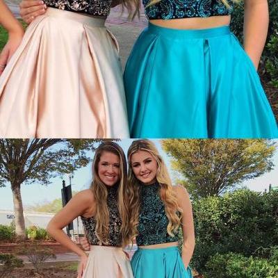 Gorgeous Prom Dresses,Two Piece Prom Dress,Beads Prom Dresses,Long Prom Dress,High Neck Prom Dresses 10081