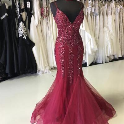 Spaghetti Strap V Neck Beaded Mermaid Long Prom Dress, Evening Dress Featuring Choker Necklace 10648