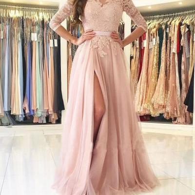 Stylish A-Line Bateau Long Sleeves Split-Front Light Pink Tulle Long Prom/Evening Dress with Lace 10718
