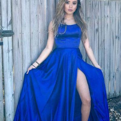 Simple A-Line Spaghetti Straps Backless Royal Blue Satin Long Prom/Evening Dress with Split-Front 10720