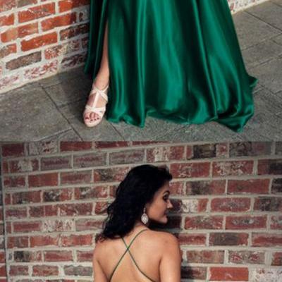 Long Green Satin Open Back Prom Dresses Leg Slit Evening Gowns, Elegant Evening Dress