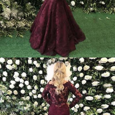 Mermaid Off-the-Shoulder Long Sleeves Burgundy Prom Dress with Lace Beading