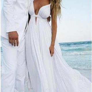 Sexy Deep V Neck White Chiffon Beach Elegant A-Line Bridal Floor-Length Wedding Dresses PL 024