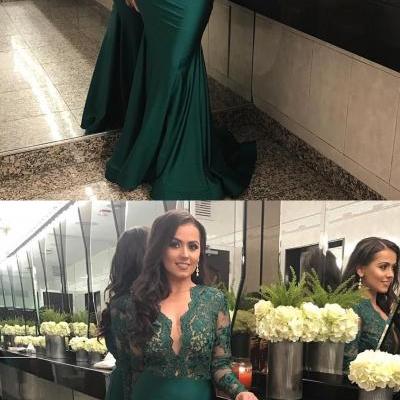 Dark Green Mermaid Prom Dress with Lace Charming Long Prom Dresses