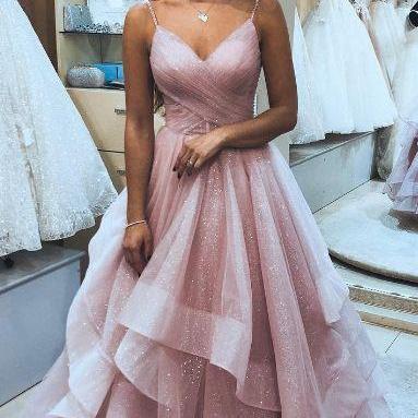 Spaghetti Straps Pink Tulle Long Prom Dress with Layers, 2019 Pink Prom Dress Graduation Dress