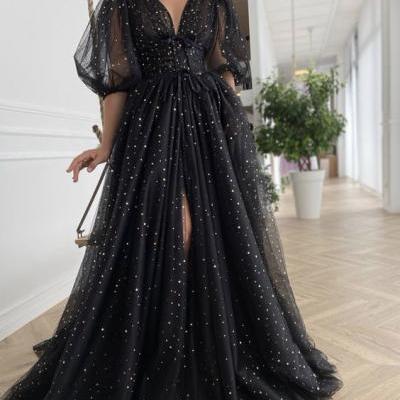 Black V Neck Long Prom Dress, Shiny Prom Dress,PL0030