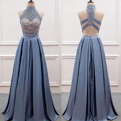 Dusty Blue Prom Dress,Two Piece Prom Dress,Lace Top Prom Dress,Graduation Dresses for 8th Grade,PL0081