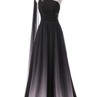Black Ombre Chiffon One Shoulder Long Prom Dresses Formal Fancy Evening Bridesmaid Dress,PL0355