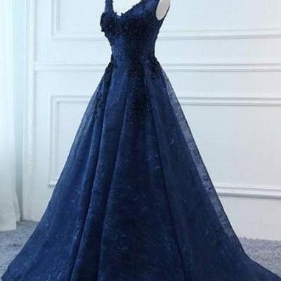 Fashion Navy Blue Lace V Neck Ball Gown Long Wedding Prom Dresses Evening Formal Dress,PL0395
