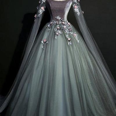 Ball Gown Vintage Prom Dress Cheap Bateau Long Sleeve Prom Dress,PL0687