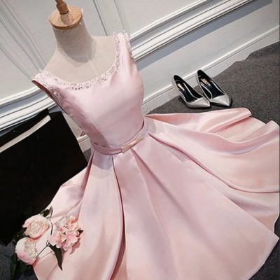 Pink round neck satin short prom dress, pink evening dress,PL1638