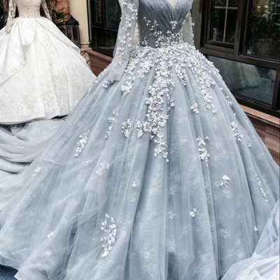 Romantic light grey long sleeves floral lace applique ball gown prom dress with court train,PL1971