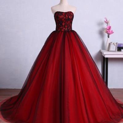 Charming Red Ball Gown Prom Dresses Tulle Sweetheart Evening Gowns With Lace Bodice,PL2004