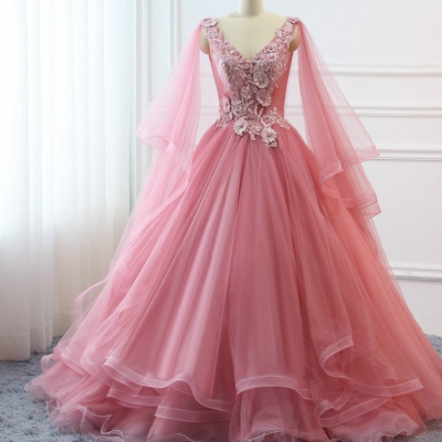 Custom Women Blush Pink Prom Dress Ball Gown Long Quinceanera Dress Floral Flowers Masquerade Prom Dress Wedding Bride Gown,PL2128
