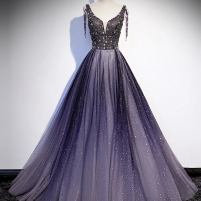 Charming Purple Gradient Tulle V-Neckline Long Party Dress, A-Line Prom Dress,PL2424