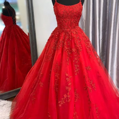 long red prom dresses, red tulle prom dresses, spaghetti strap red prom dresses, appliqued red prom dress,PL2527