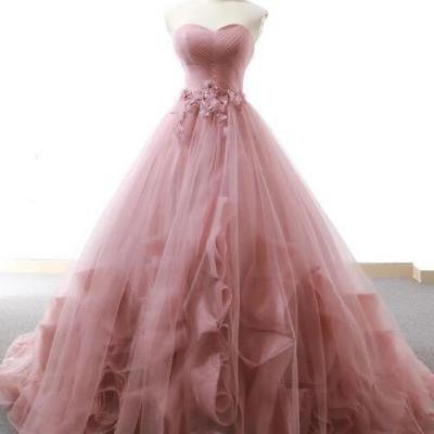 PINK SWEETHEART TULLE LONG PROM GOWN, TULLE EVENING DRESS,PL2738