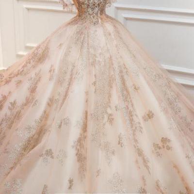 Rose gold or pink beaded bodice cap sleeves sparkle ball gown wedding dress with short train & glitter tulle,PL2873