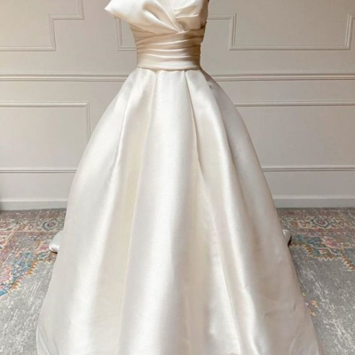 Ivory Satin One Shoulder Long Dress Prom Dress Custom Size Bridal Dress,PL3037
