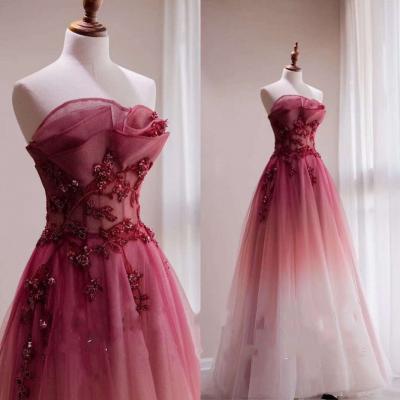 Red Gradient Prom Dress Vintage Wedding Dress Red Strapless Party Dress with Beaded Bridal Dress Red Ombre Evening Dress Aline Formal Dress,PL3329