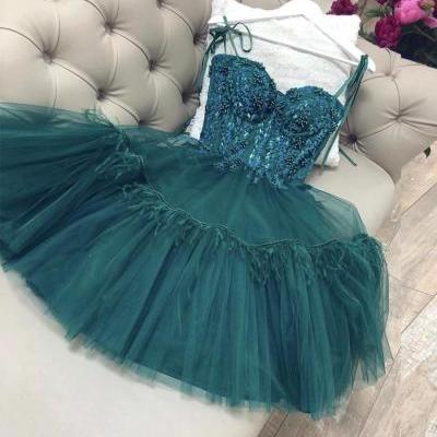 GREEN TULLE LACE SHORT PROM DRESS,PL3402
