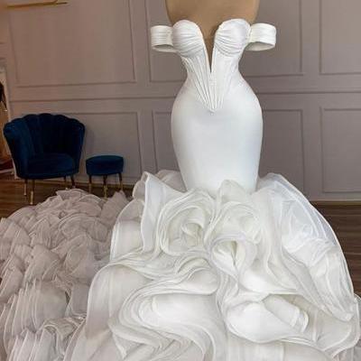 Elegant Mermaid African Women Wedding Dresses 2021 Off The Shoulder Ruffles High Quality Satin Birdal White Wedding Gowns ,PL3452