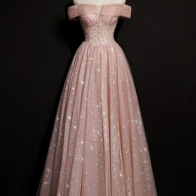 Pink tulle long A line prom dress pink evening dress,PL3836