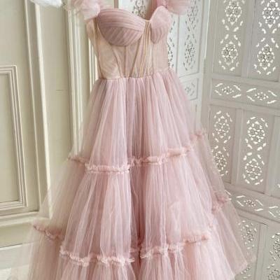 Pink tulle short prom dress pink evening dress,PL3849