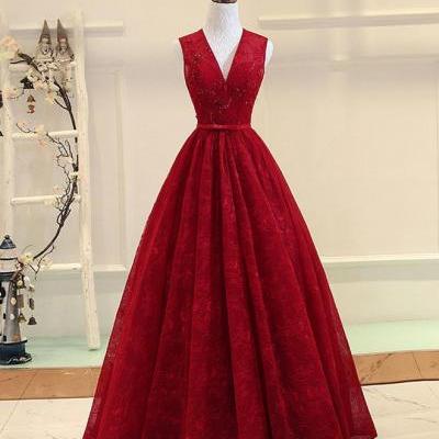 Burgundy v neck lace long prom dress, burgundy evening dress,PL4776