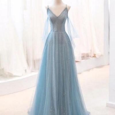Gray blue v neck tulle sequin long prom dress, blue evening dress,PL4802