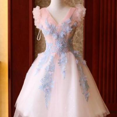 Lovely Pink and Blue Flowers Lace Cute Short Prom Dress, Pink Homecoming Dresses.PL5246