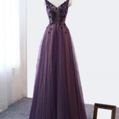 Purple V-neckline Tulle Lace Applique Party Dress, Purple Formal Dress Prom Dress.PL5311