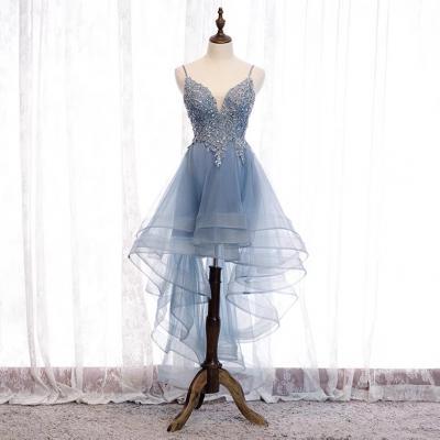 Spaghetti strap party dress, blue high low dress, fairy lace homecoming gowns,custom made